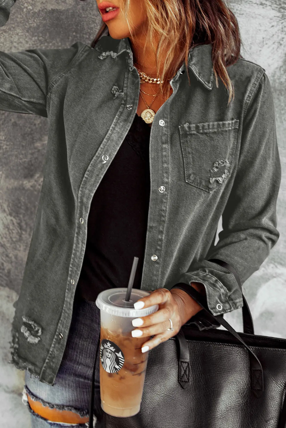 Distressed Raw Hem Snap Down Denim Jacket – Trendsi | ClozArt