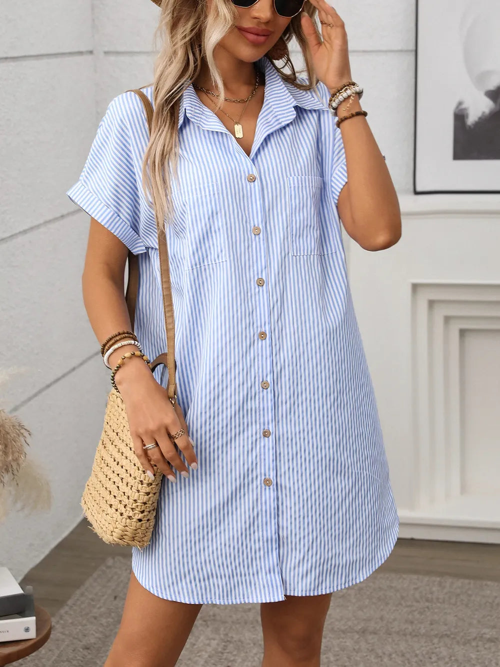 Striped Button Down Short Sleeve Mini Dress – Trendsi | ClozArt