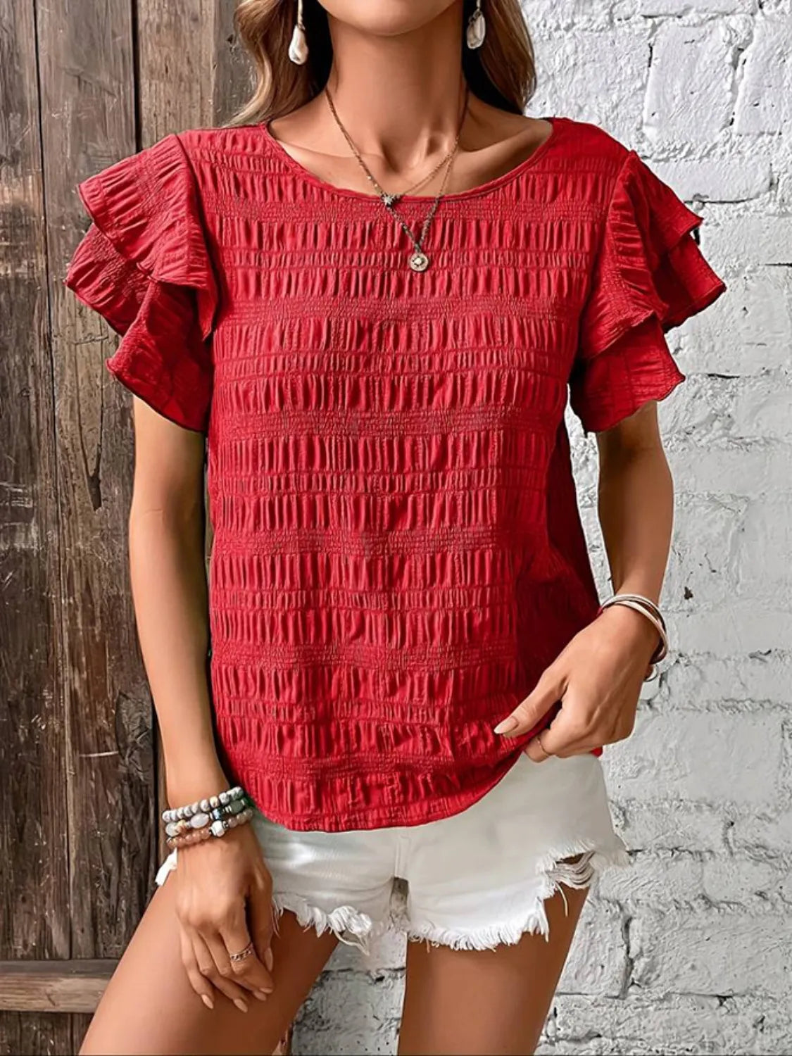 Round Neck Ruffled Short Sleeve Top – Trendsi | ClozArt