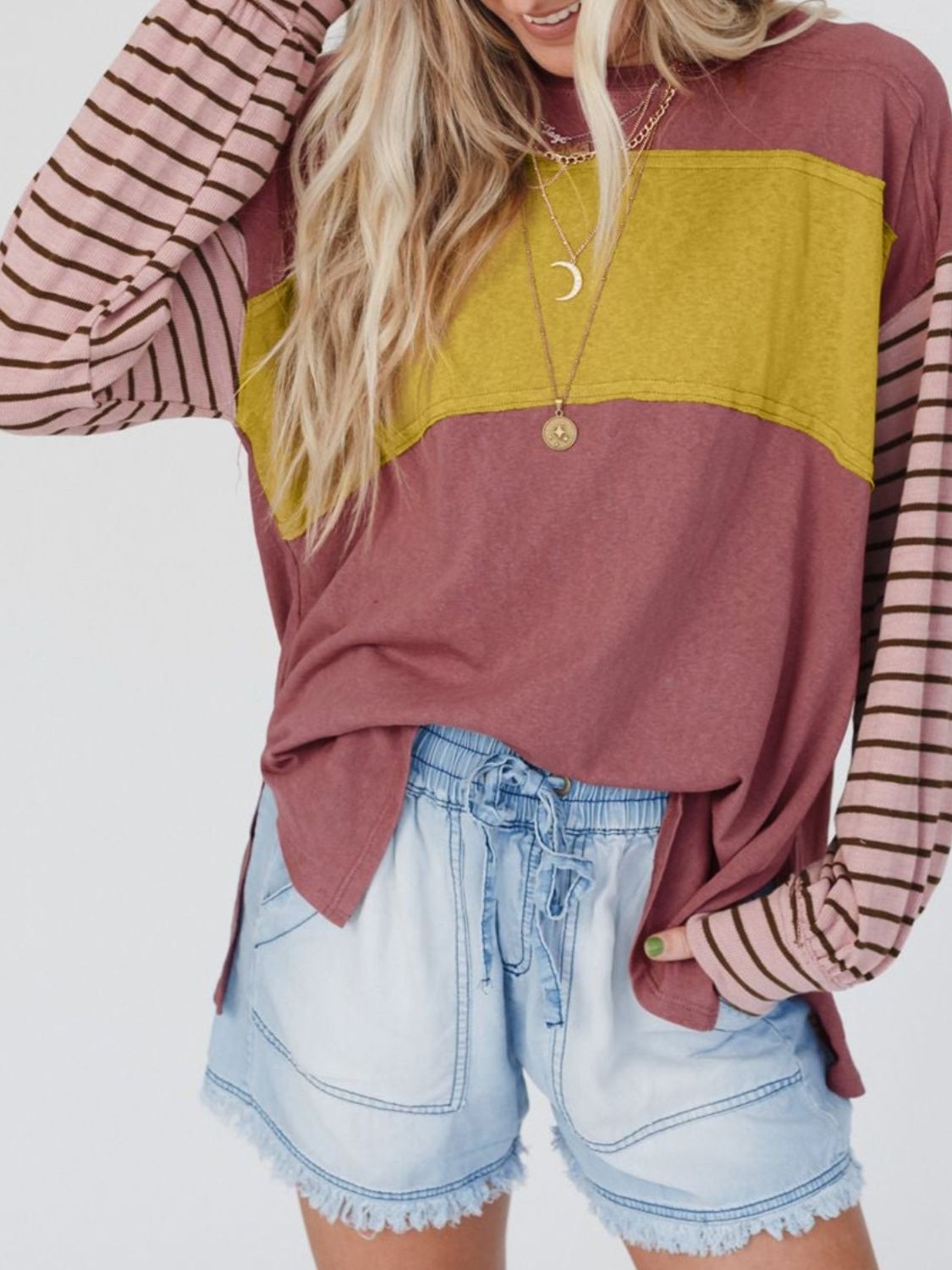 Round Neck Color Block Dropped Shoulder T-Shirt – Trendsi | ClozArt