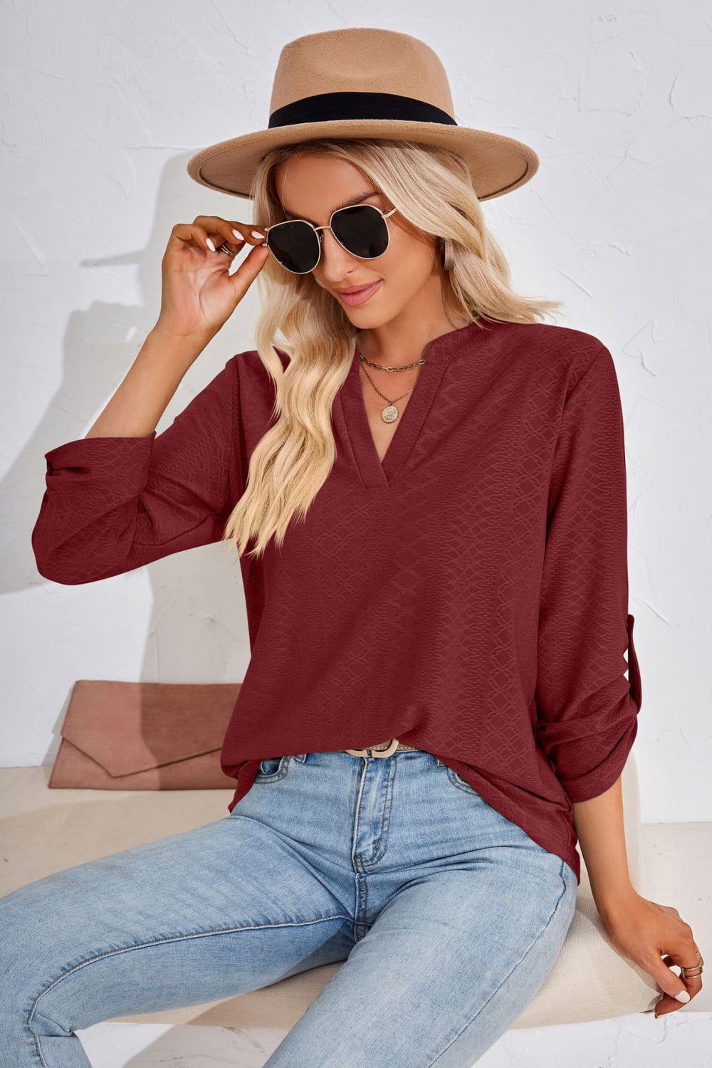 V-Neck Roll-Tap Sleeve Blouse – Trendsi | ClozArt