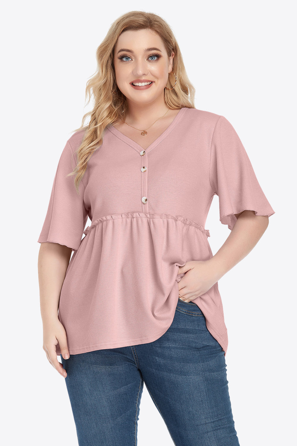 Plus Size Buttoned V-Neck Frill Trim Babydoll Blouse – Trendsi | ClozArt