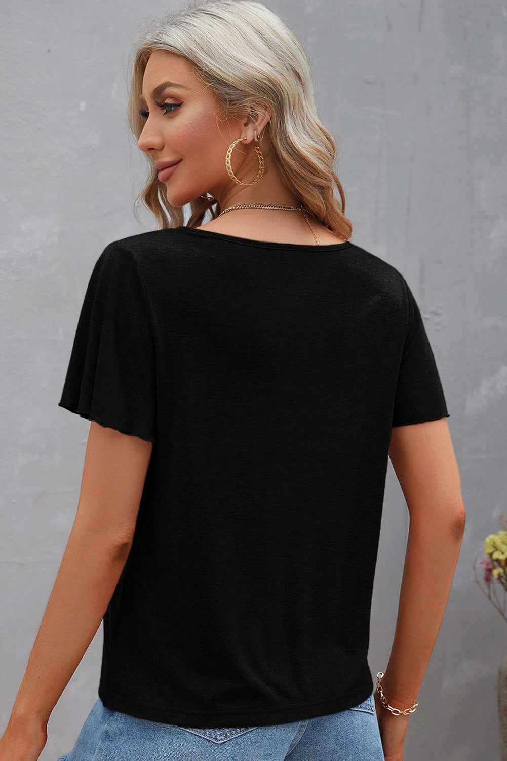 Mist Green Crisscross V Neck Flutter Sleeve T Shirt – Shewin | ClozArt