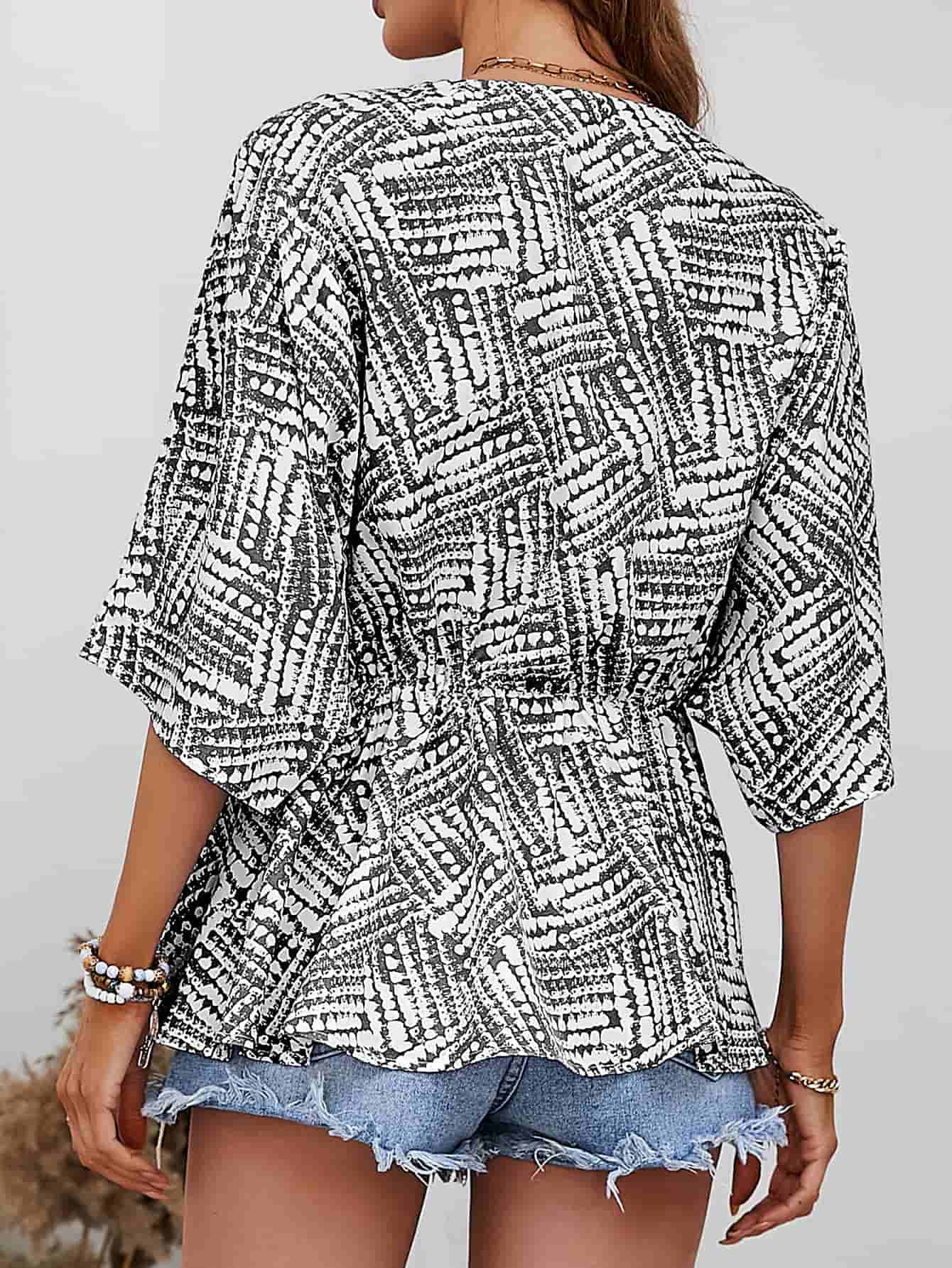 Printed V-Neck Dolman Sleeve Blouse – Trendsi | ClozArt