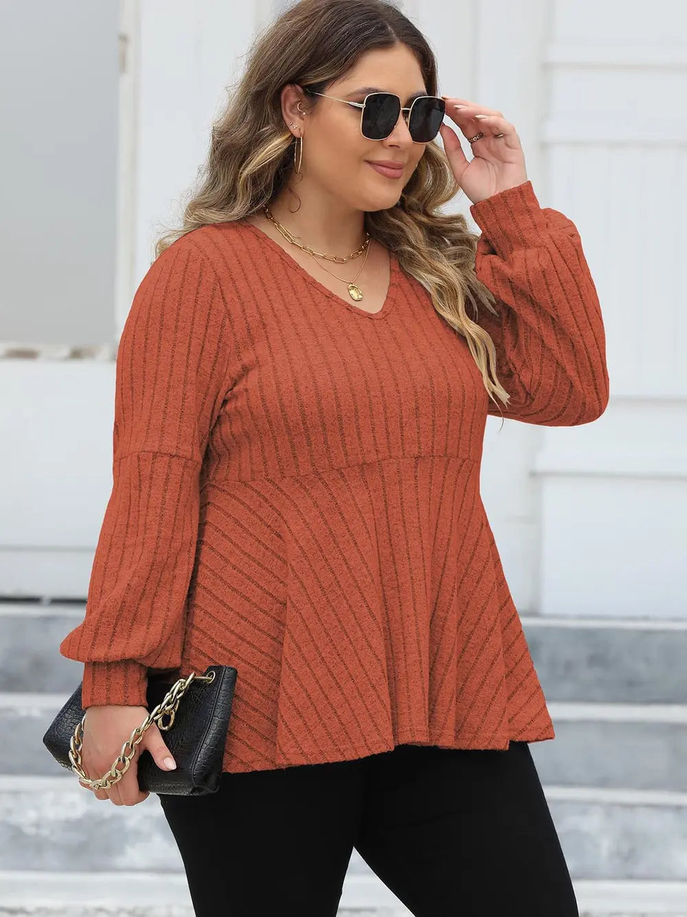 Plus Size Ribbed V-Neck Long Sleeve Blouse – Trendsi | ClozArt