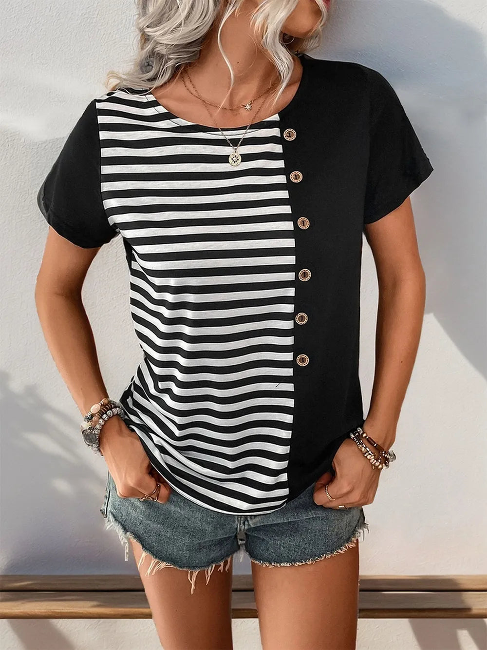 Perfee Striped Round Neck Short Sleeve T-Shirt – Trendsi | ClozArt