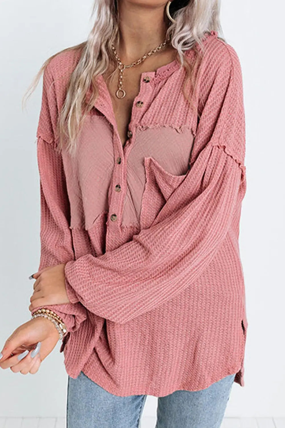 Half Button Raw Hem Long Sleeve Blouse – Trendsi | ClozArt