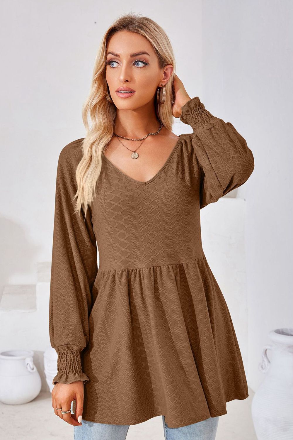 V-Neck Lantern Sleeve Blouse – Trendsi | ClozArt