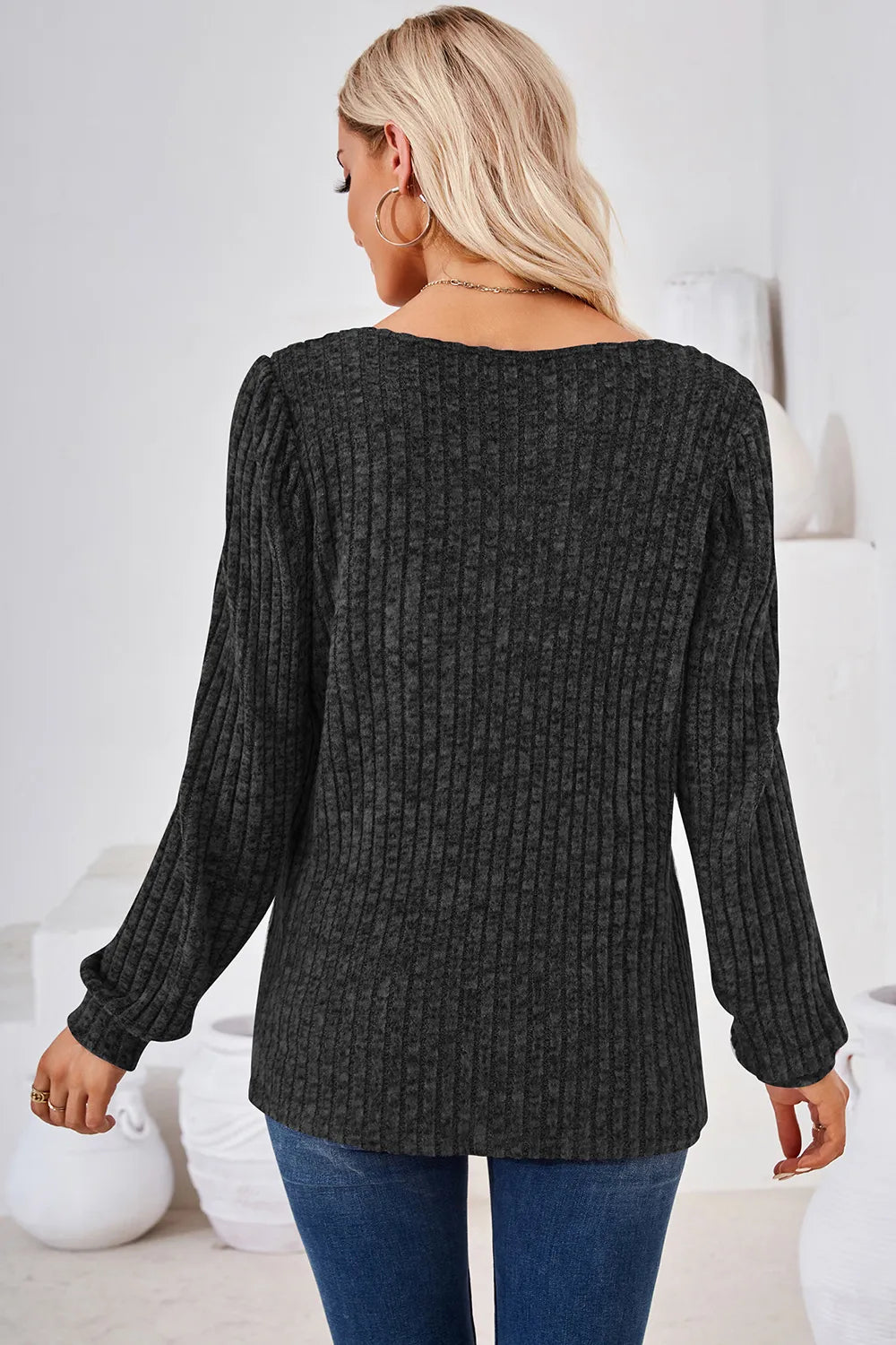 Ribbed Square Neck Long Sleeve T-Shirt – Trendsi | ClozArt
