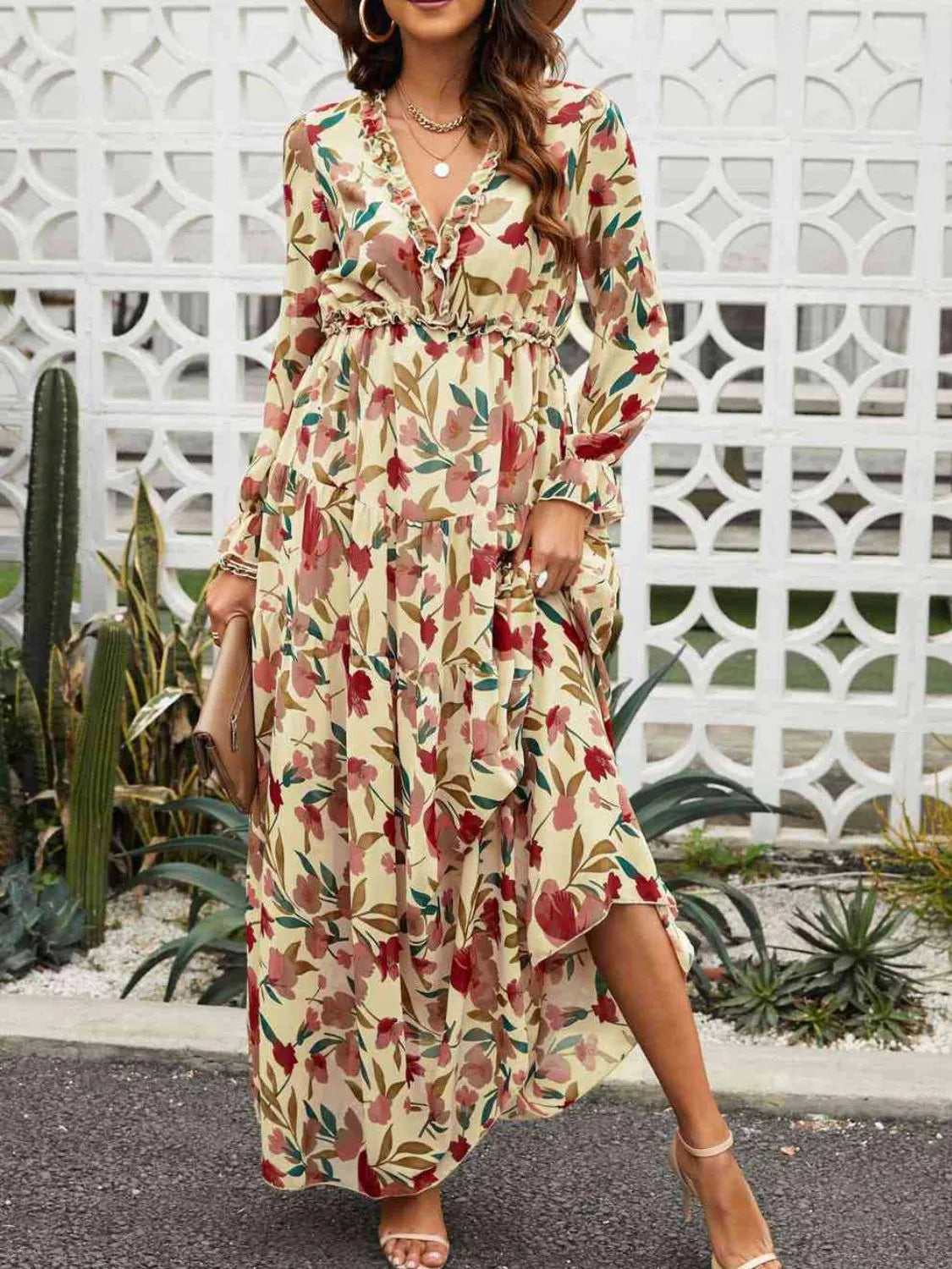 Frill Printed V-Neck Flounce Sleeve Dress – Trendsi | ClozArt