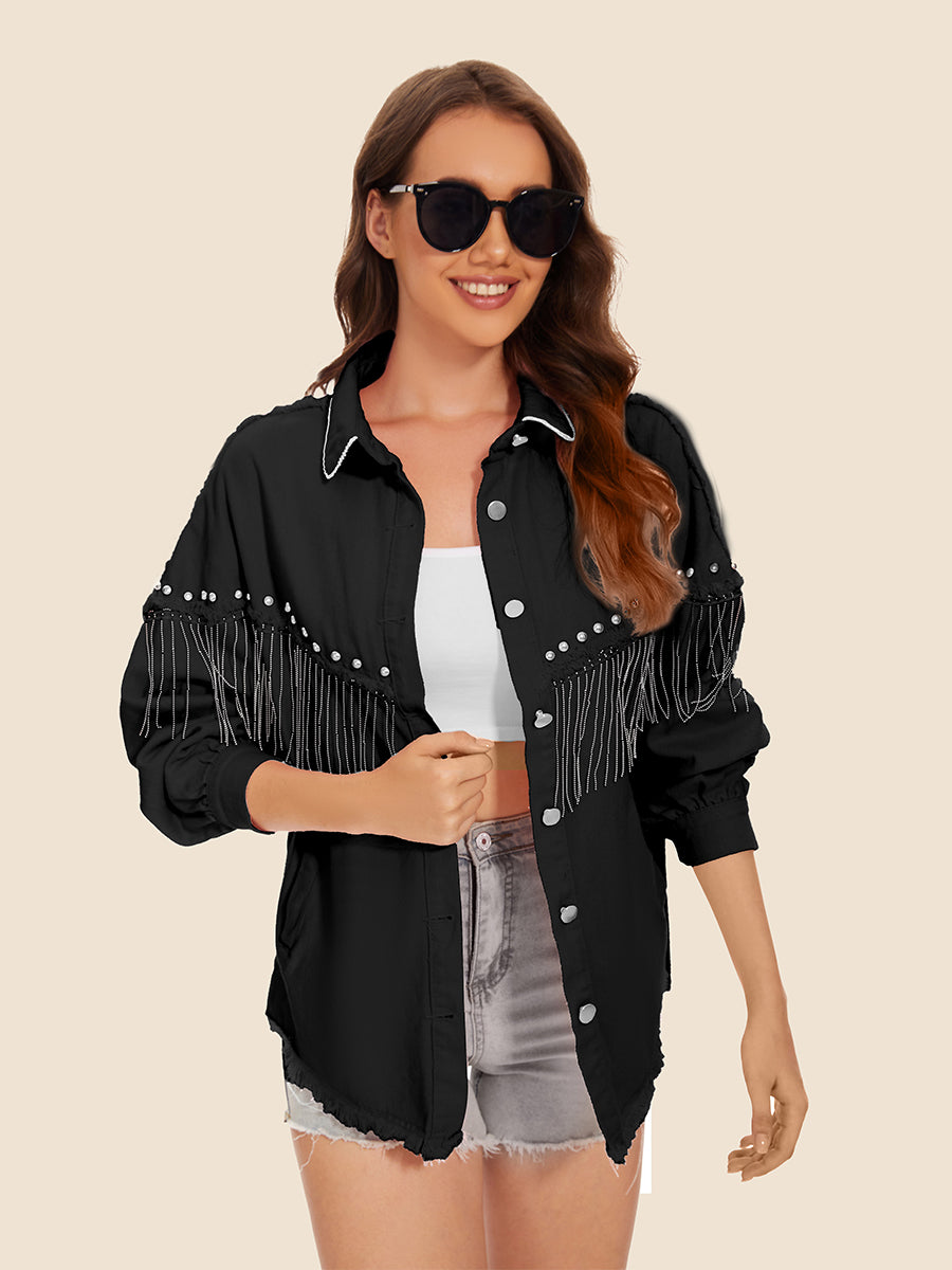 Raw Hem Fringe Detail Denim Jacket – Trendsi | ClozArt