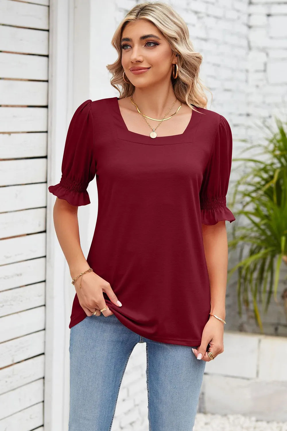 Smocked Square Neck Short Sleeve T-Shirt – Trendsi | ClozArt