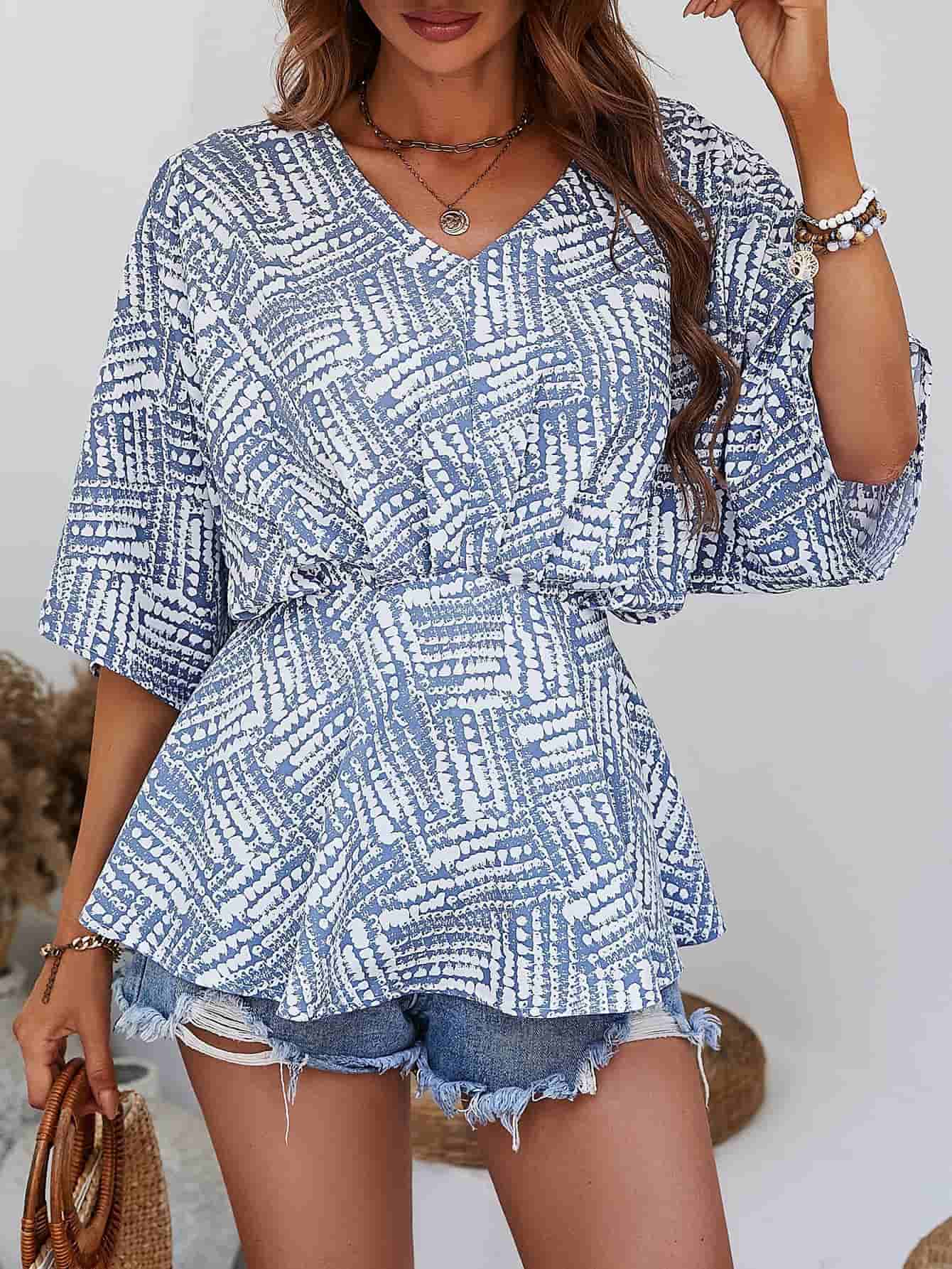 Printed V-Neck Dolman Sleeve Blouse – Trendsi | ClozArt
