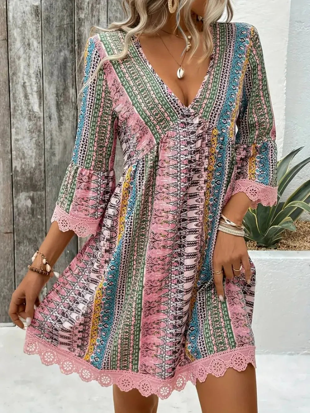 Lace Trim Printed V-Neck 3/4 Sleeve Dress – Trendsi | ClozArt