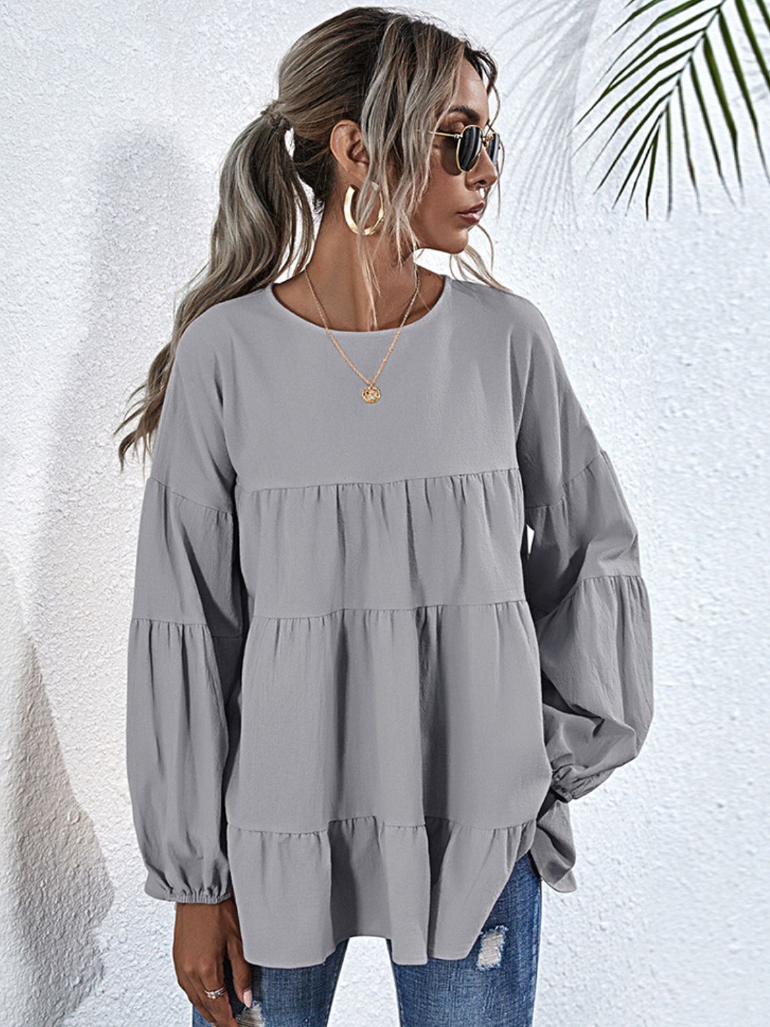 Shiny Round Neck Dropped Shoulder Tiered Blouse – Trendsi | ClozArt