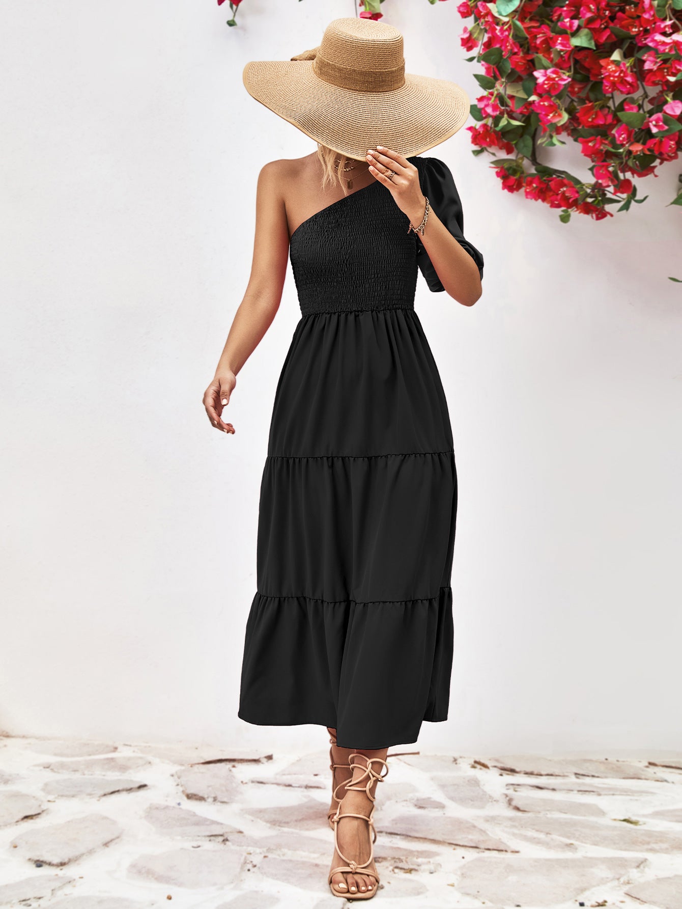 Smocked One-Shoulder Midi Dress – Trendsi | ClozArt