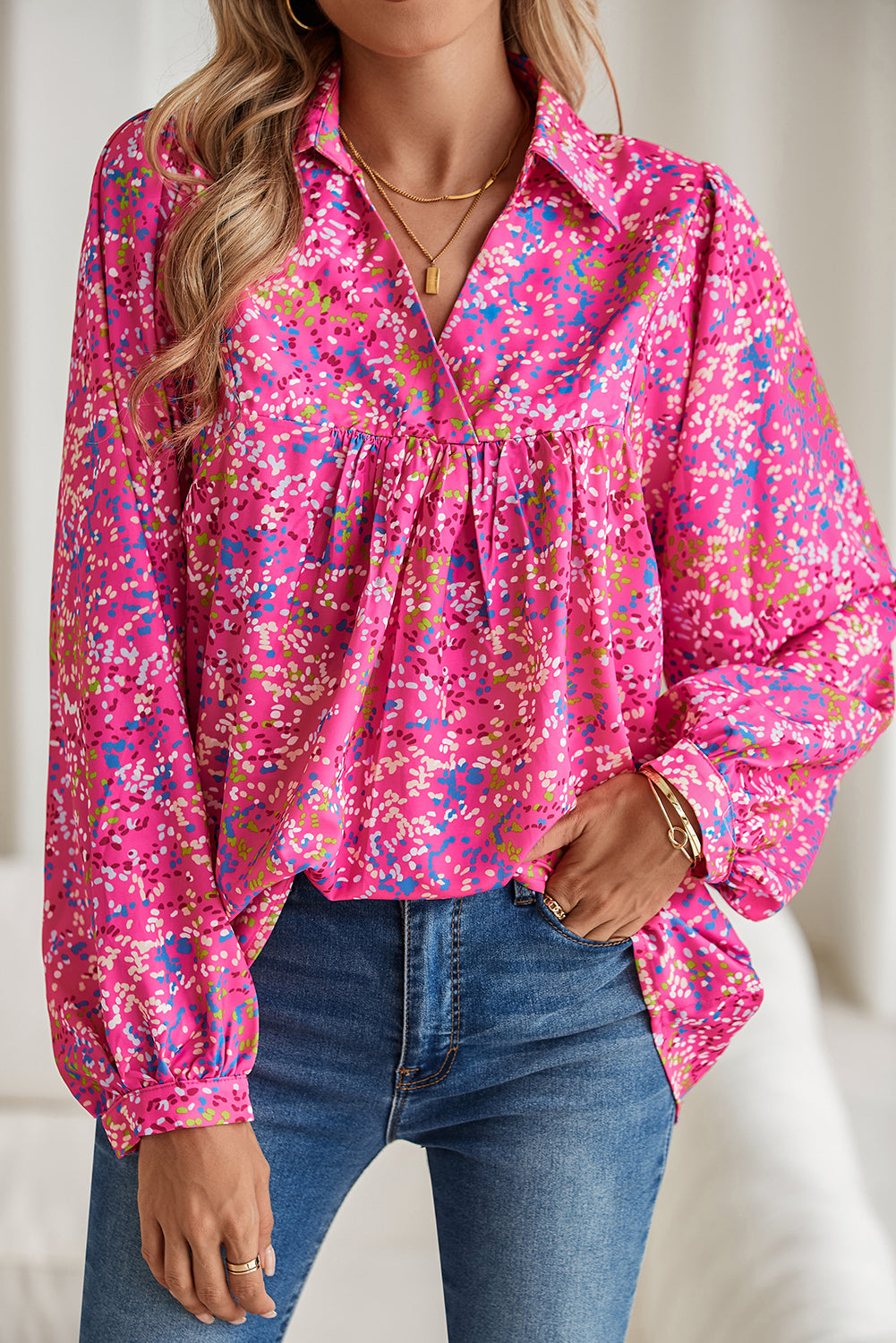 Orange Abstract Print Loose Fit Collared V Neck Babydoll Blouse – Shewin | ClozArt