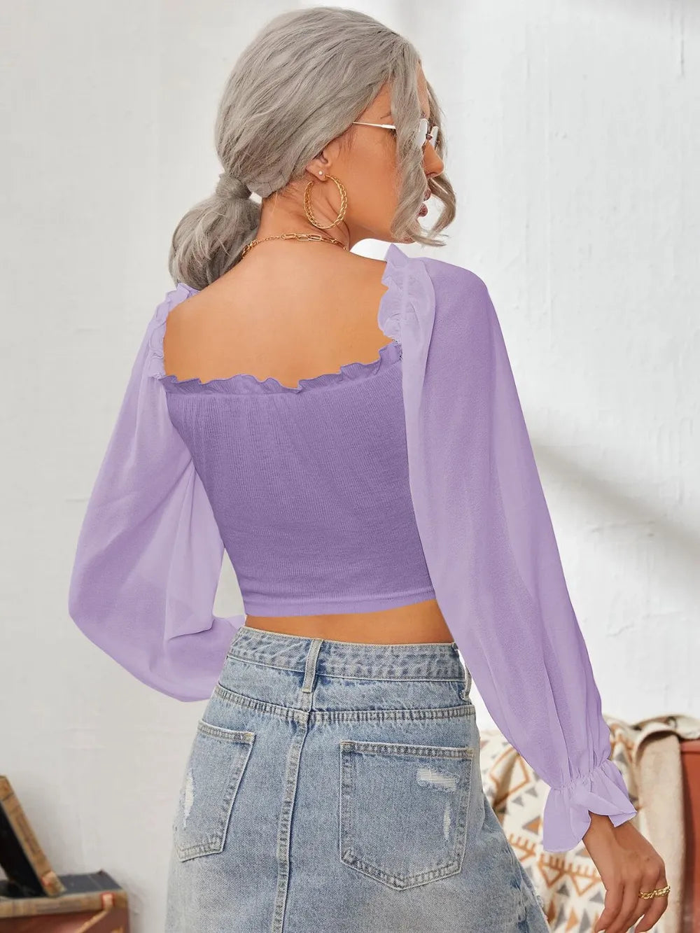 Mesh Sweetheart Neck Flounce Sleeve Top – Trendsi | ClozArt