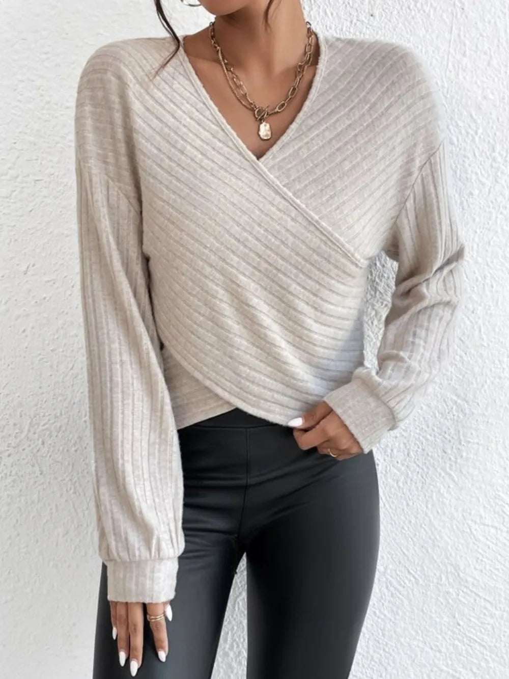 Surplice Dropped Shoulder Long Sleeve T-Shirt – Trendsi | ClozArt