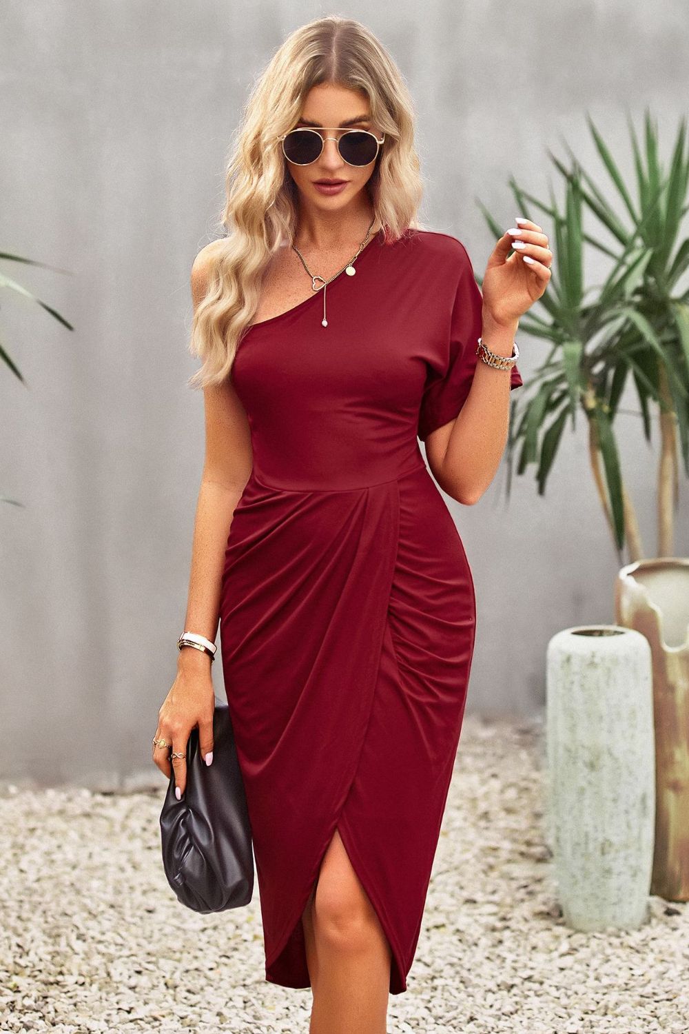 Devine Ruched One-Shoulder Tulip Hem Dress – Trendsi | ClozArt