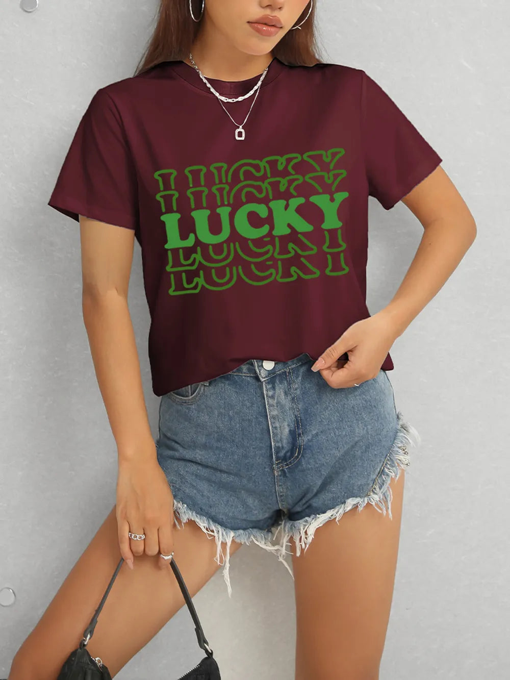 LUCKY Round Neck Short Sleeve T-Shirt – Trendsi | ClozArt