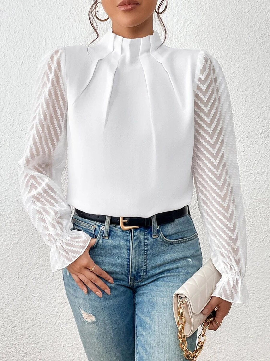 Mock Neck Flounce Sleeve Blouse – Trendsi | ClozArt
