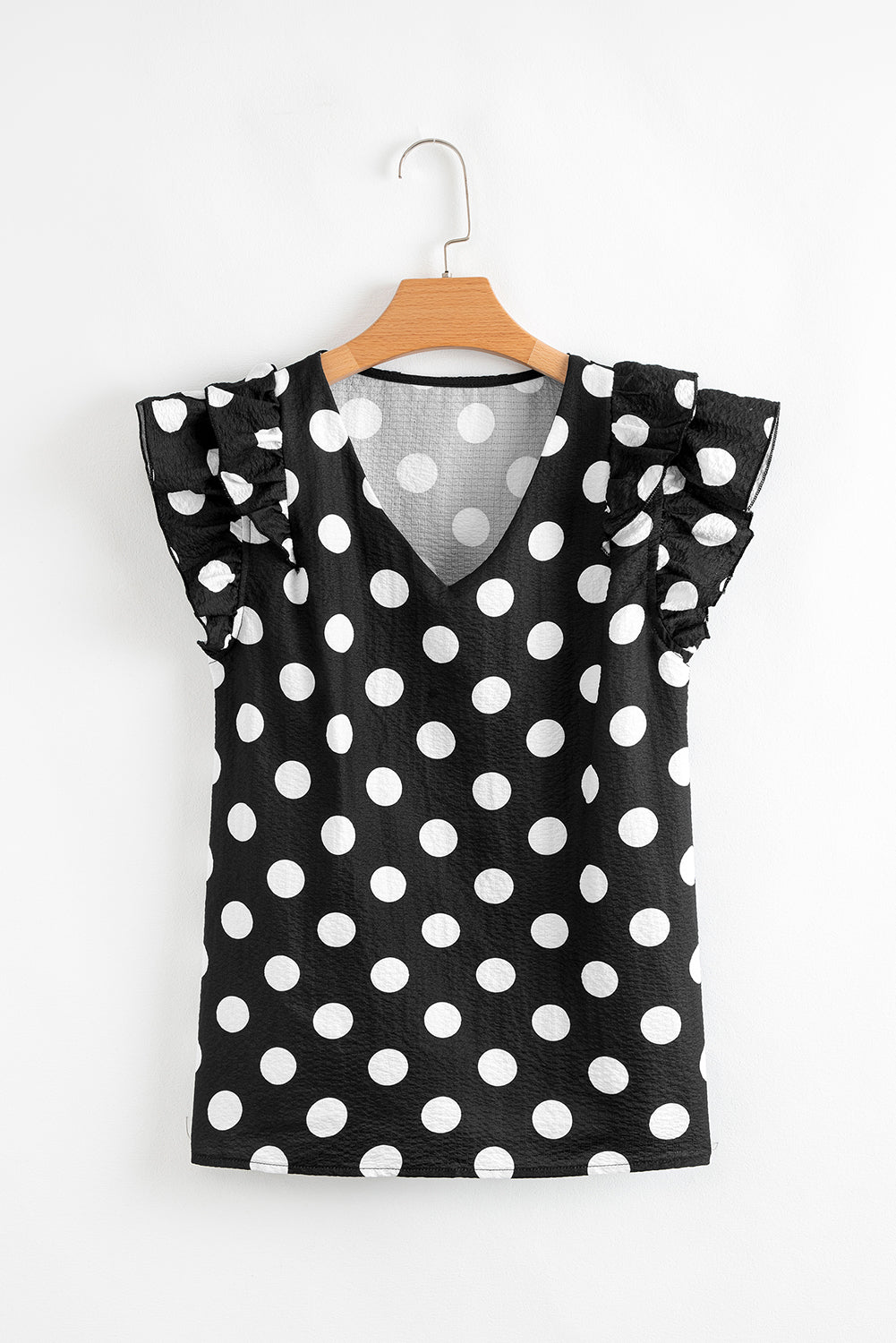 Black Polka Dot Print V Neck Ruffle Blouse – Shewin | ClozArt