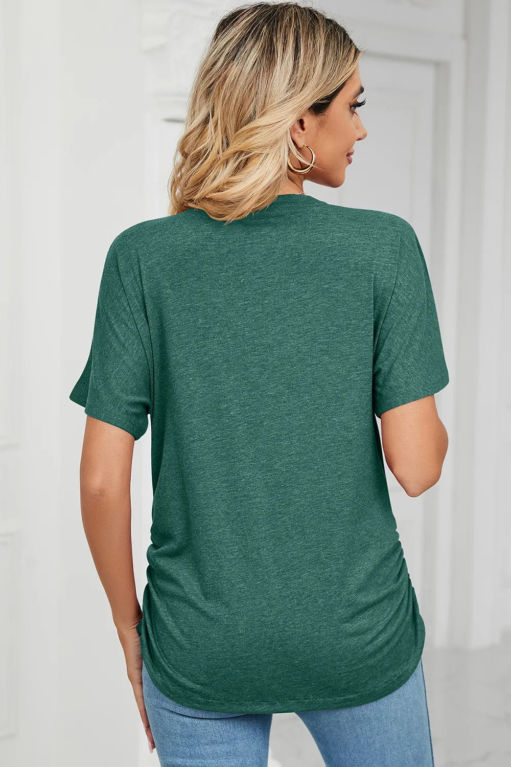Ruched V-Neck Short Sleeve T-Shirt – Trendsi | ClozArt