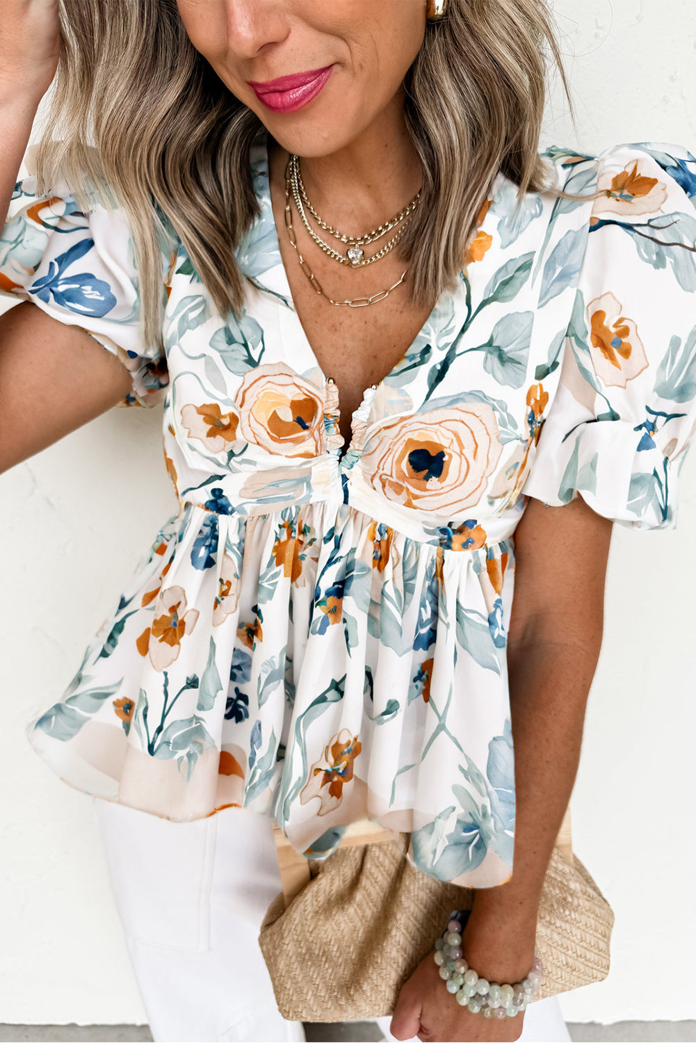 Green Floral Print Puff Sleeve V Neck Babydoll Blouse – Shewin | ClozArt