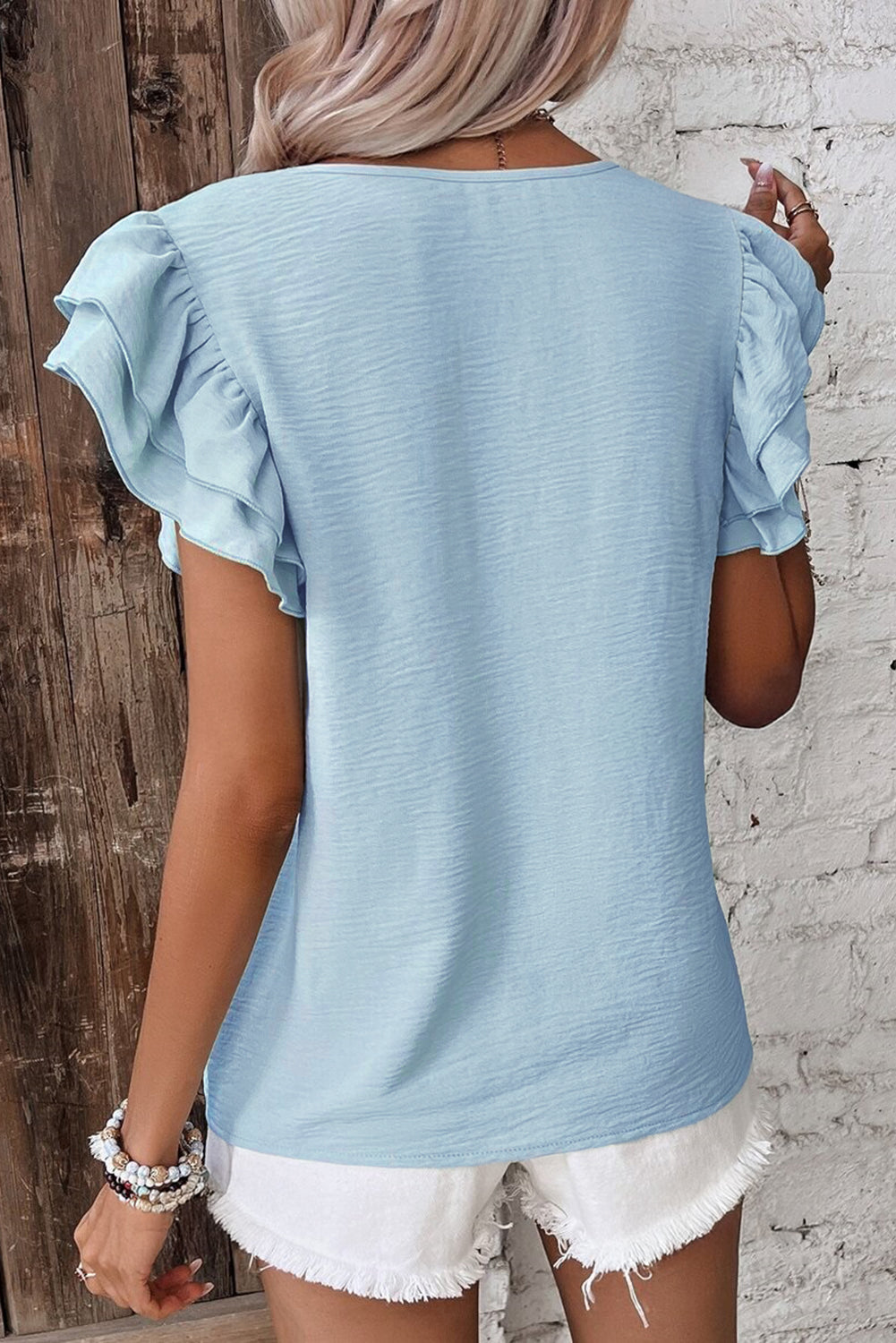 Mist Blue Solid Color Ruffle Sleeve Crinkled Blouse – Shewin | ClozArt