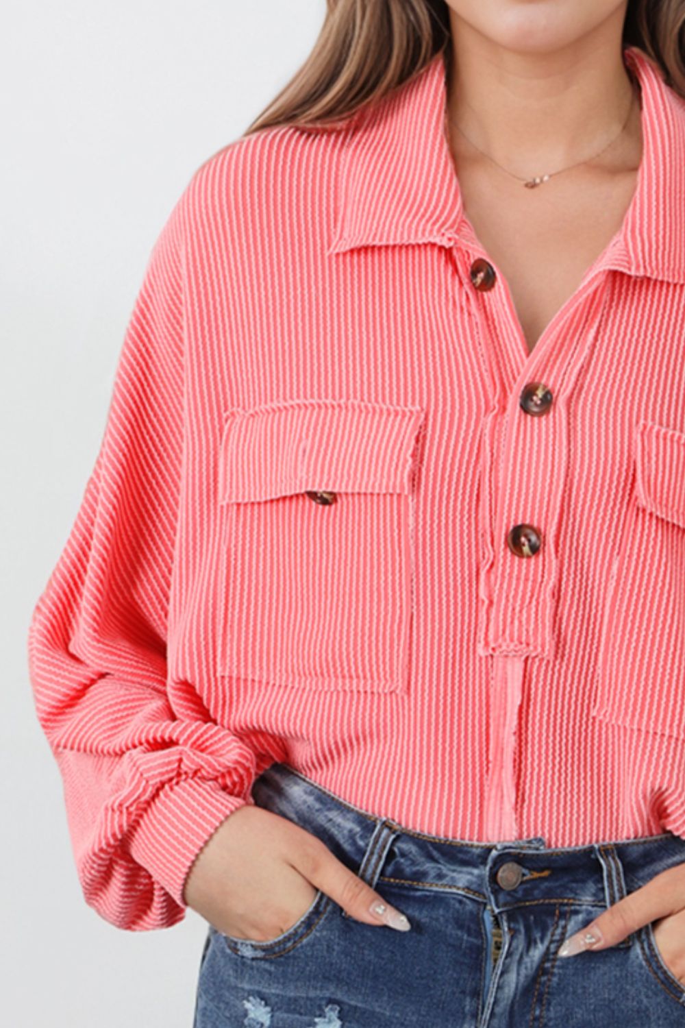 Buttoned Collared Neck Long Sleeve Top – Trendsi | ClozArt
