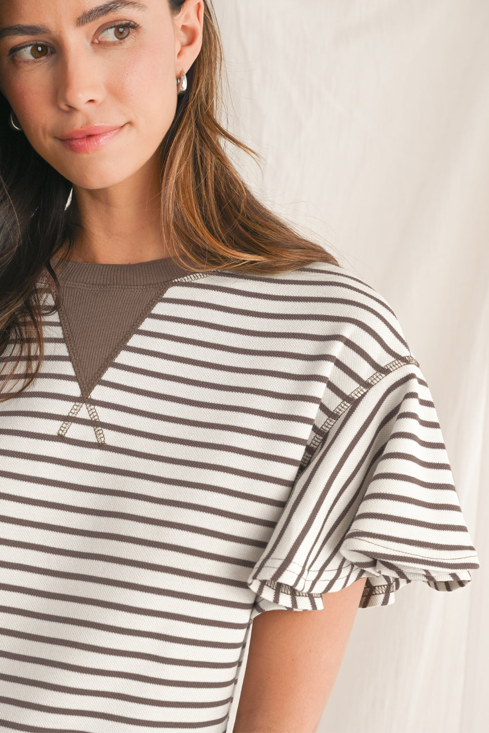 Sachet Pink Striped Ruffle Sleeve Round Neck Top – Shewin | ClozArt