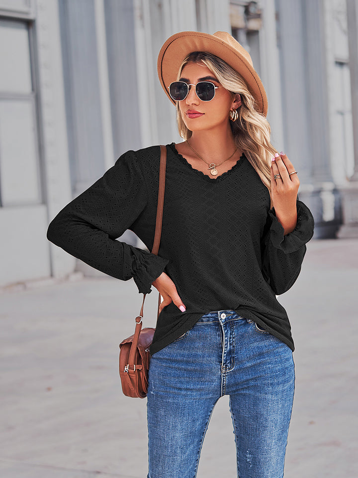 Eyelet V-Neck Flounce Sleeve Blouse – Trendsi | ClozArt