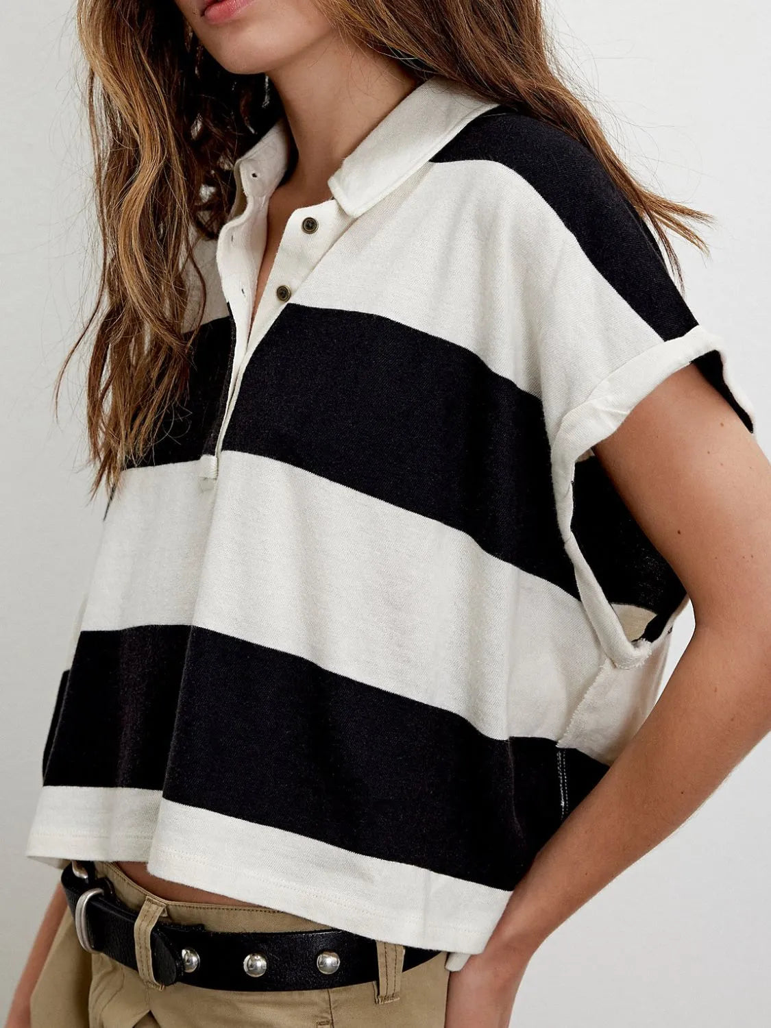 Striped Collared Neck Short Sleeve Top – Trendsi | ClozArt