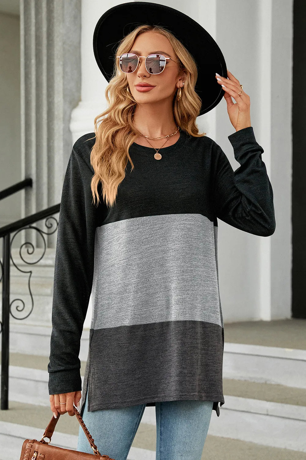 Color Block Round Neck Long Sleeve T-Shirt – Trendsi | ClozArt