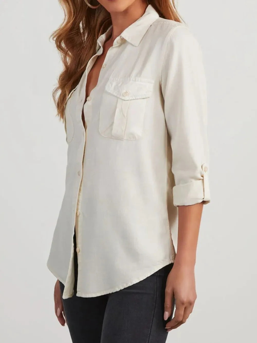 Collared Neck Roll-Tab Sleeve Denim Top – Trendsi | ClozArt