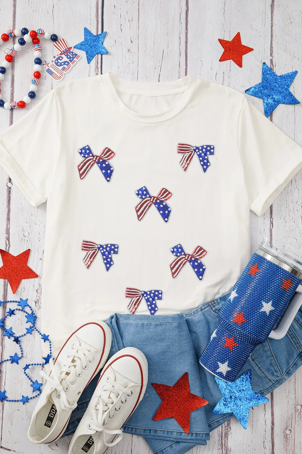 Sequin Flag Bow Pattern Crew Neck Patriotic Tee – Trendsi | ClozArt