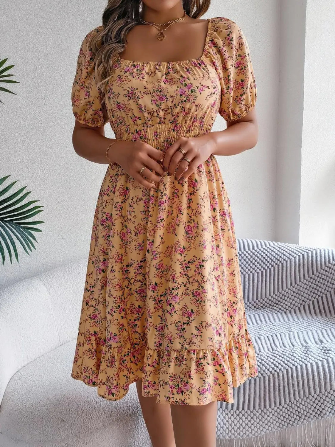 Ruffled Hem Floral Puff Sleeve Dress – Trendsi | ClozArt