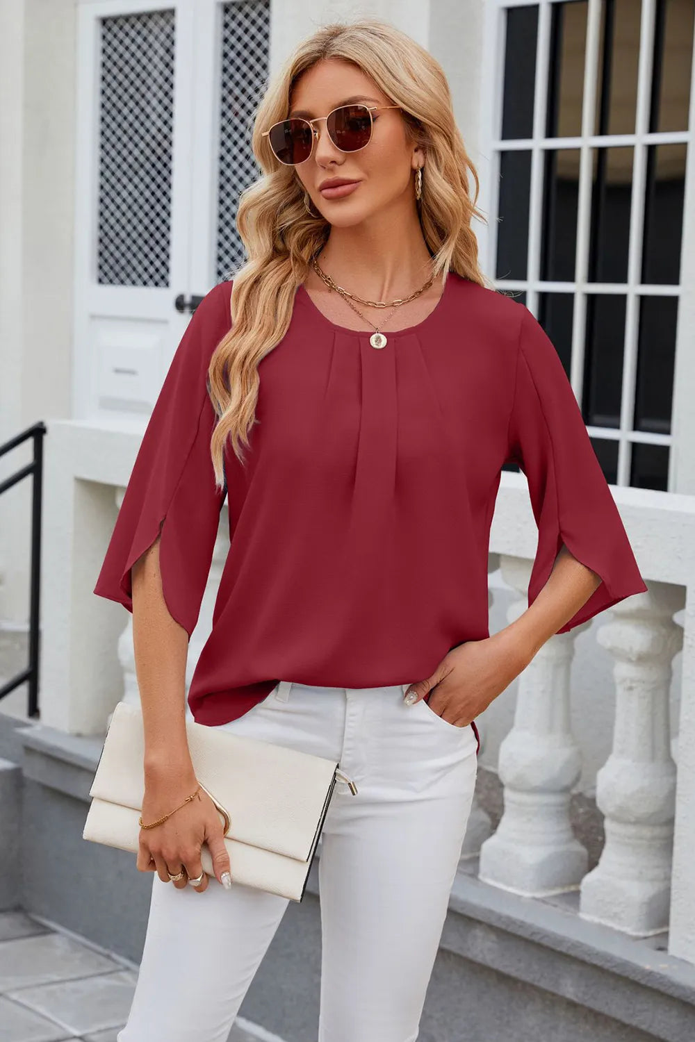 Round Neck Slit Half Sleeve Top – Trendsi | ClozArt