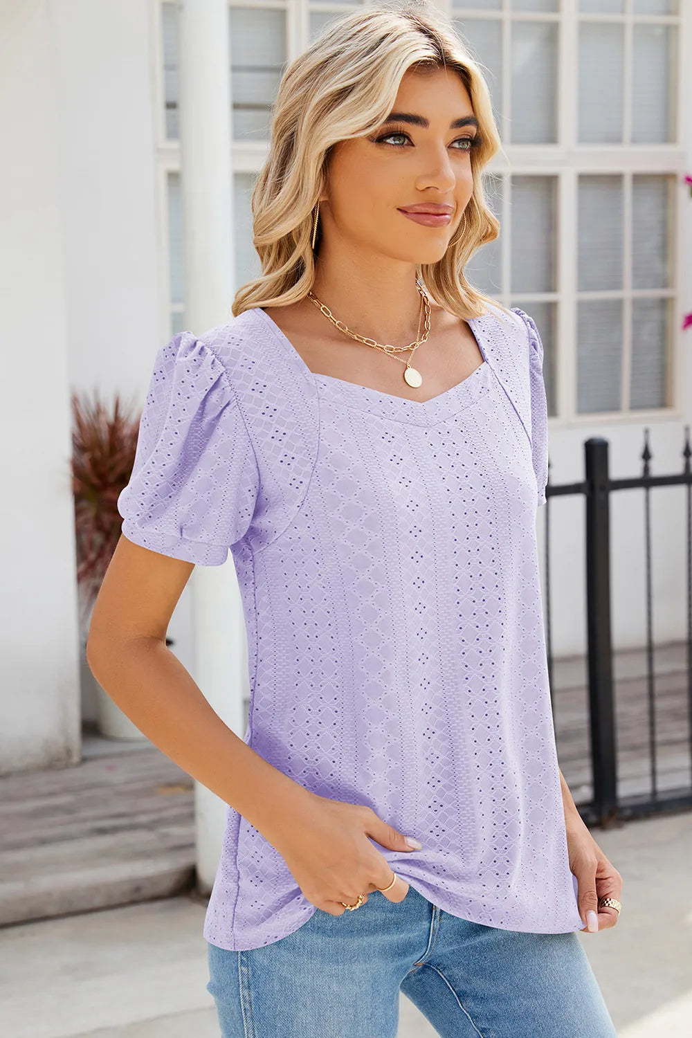 Eyelet Puff Sleeve T-Shirt – Trendsi | ClozArt