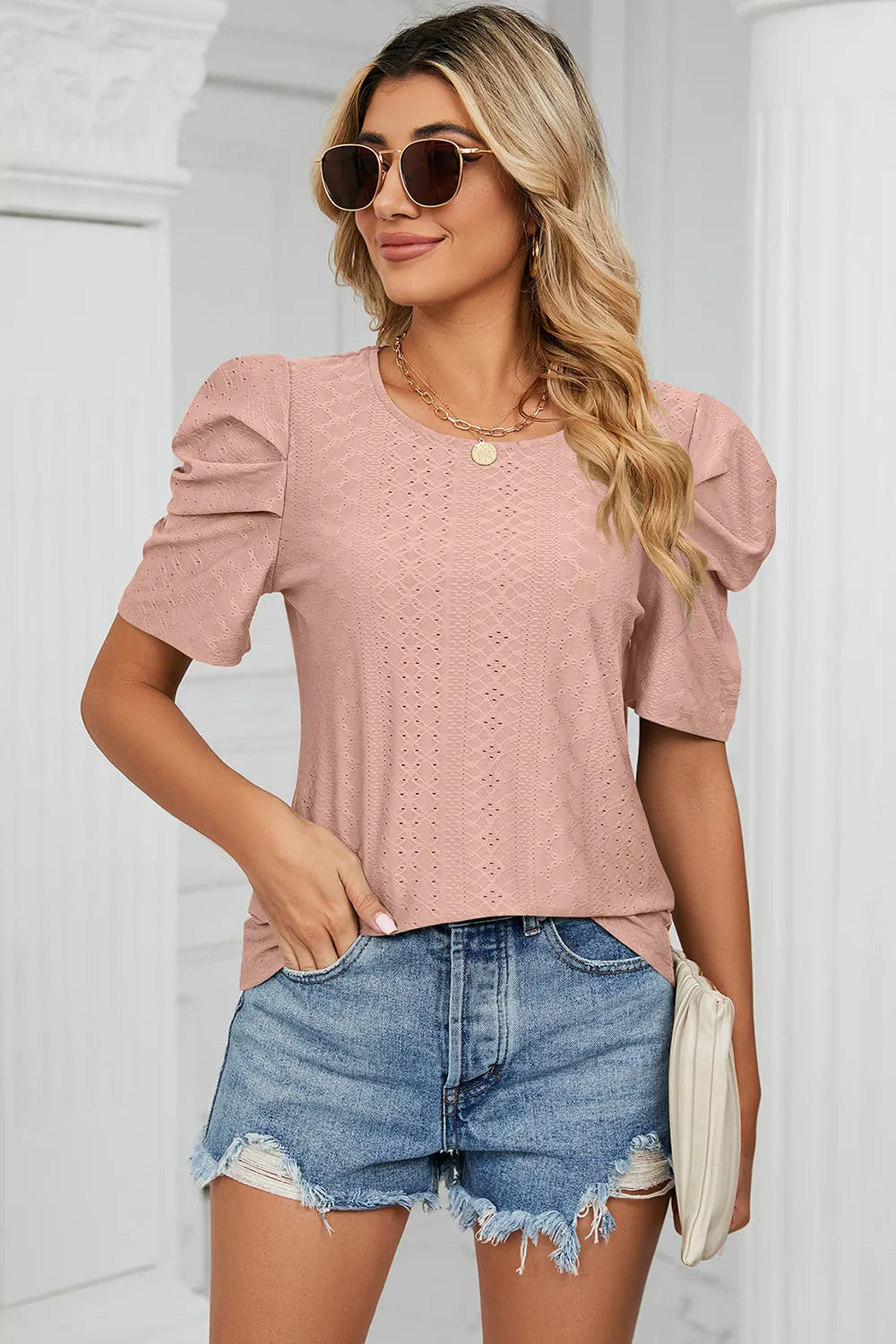 Eyelet Round Neck Puff Sleeve T-Shirt – Trendsi | ClozArt