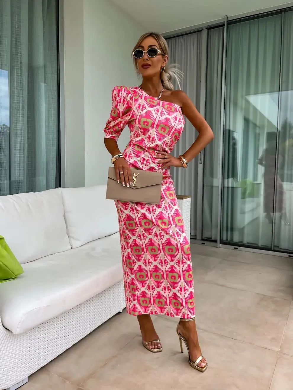 Slit Printed Single Shoulder Midi Dress – Trendsi | ClozArt