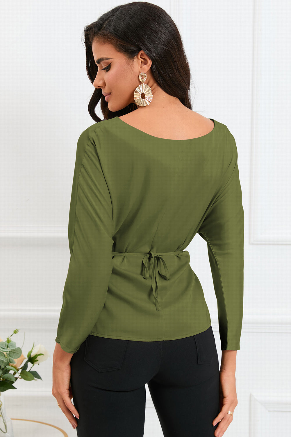 Boat Neck Back Tie Long Sleeve Satin Blouse – Trendsi | ClozArt