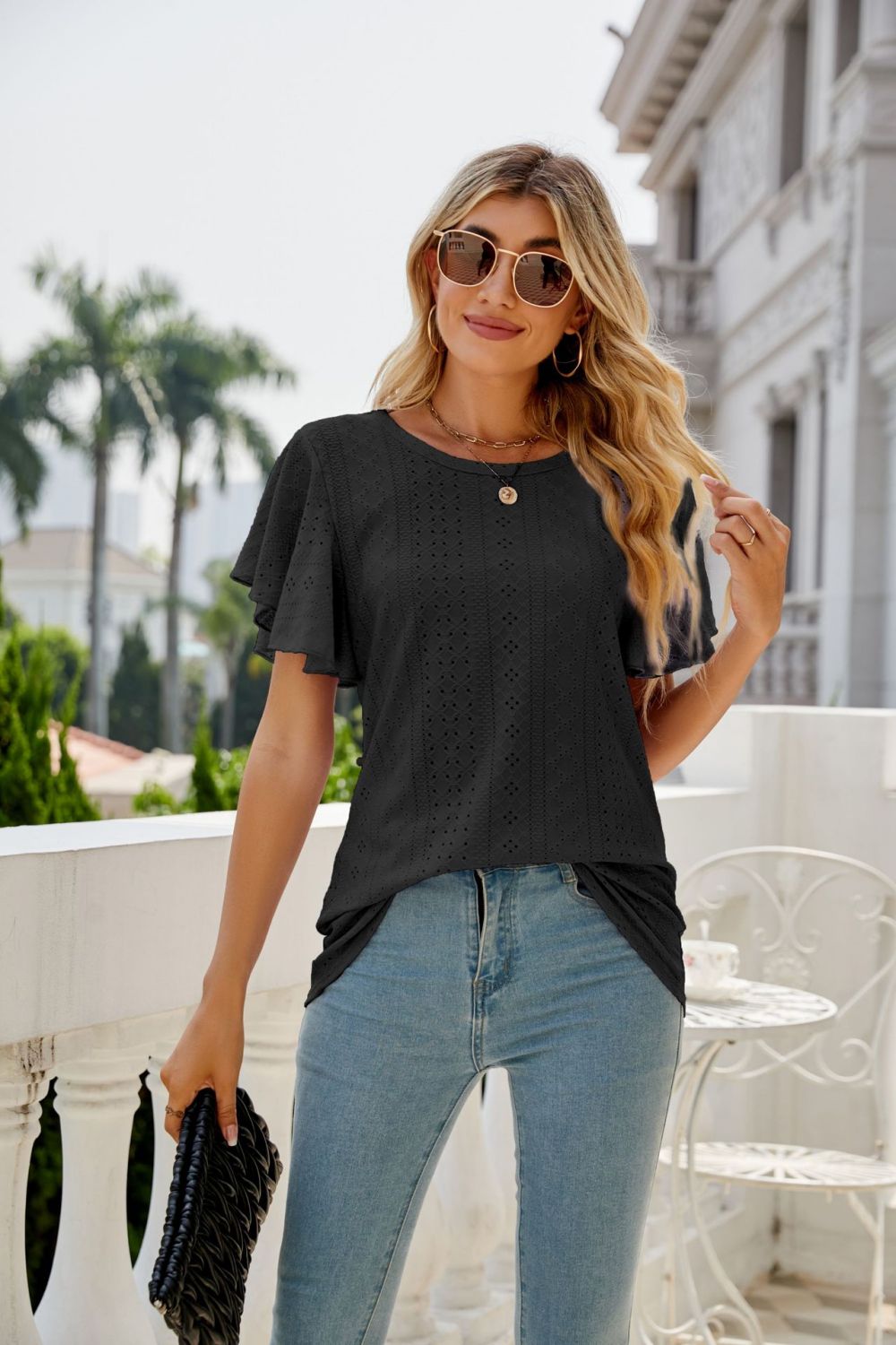 Eyelet Flutter Sleeve Round Neck Top – Trendsi | ClozArt