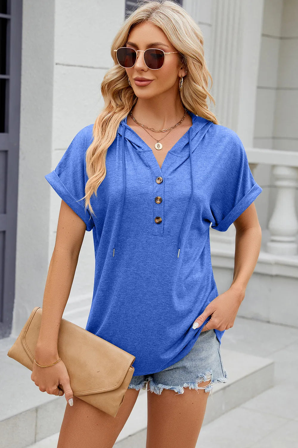 Half Button Drawstring Short Sleeve Hooded T-Shirt – Trendsi | ClozArt