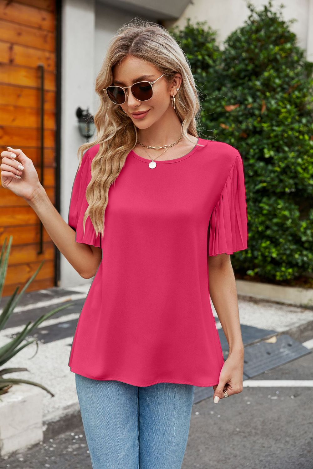 Pleated Flutter Sleeve Round Neck Blouse – Trendsi | ClozArt
