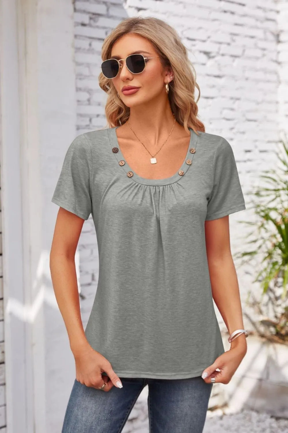 Decorative Button Scoop Neck T-Shirt – Trendsi | ClozArt