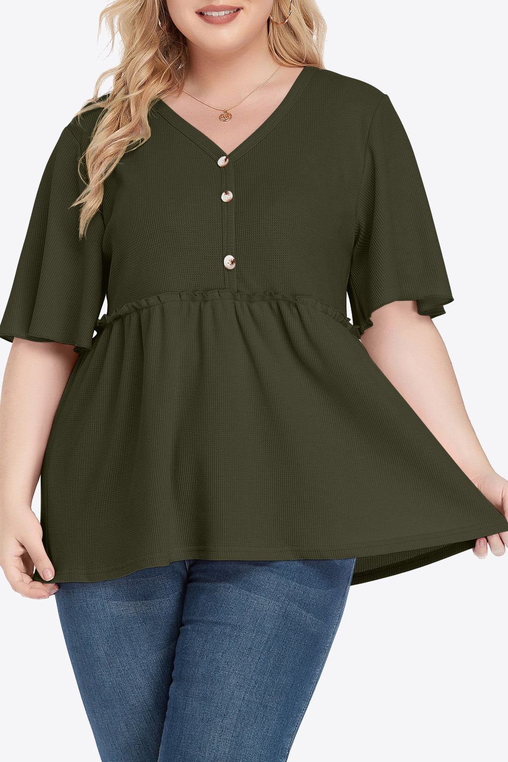 Plus Size Buttoned V-Neck Frill Trim Babydoll Blouse – Trendsi | ClozArt