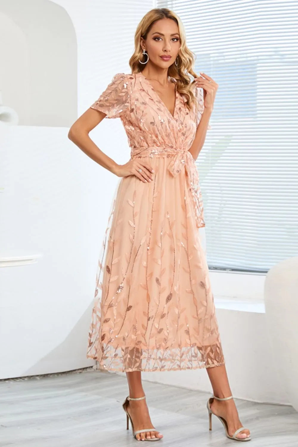Sequin Leaf Embroidery Tie Front Short Sleeve Dress – Trendsi | ClozArt