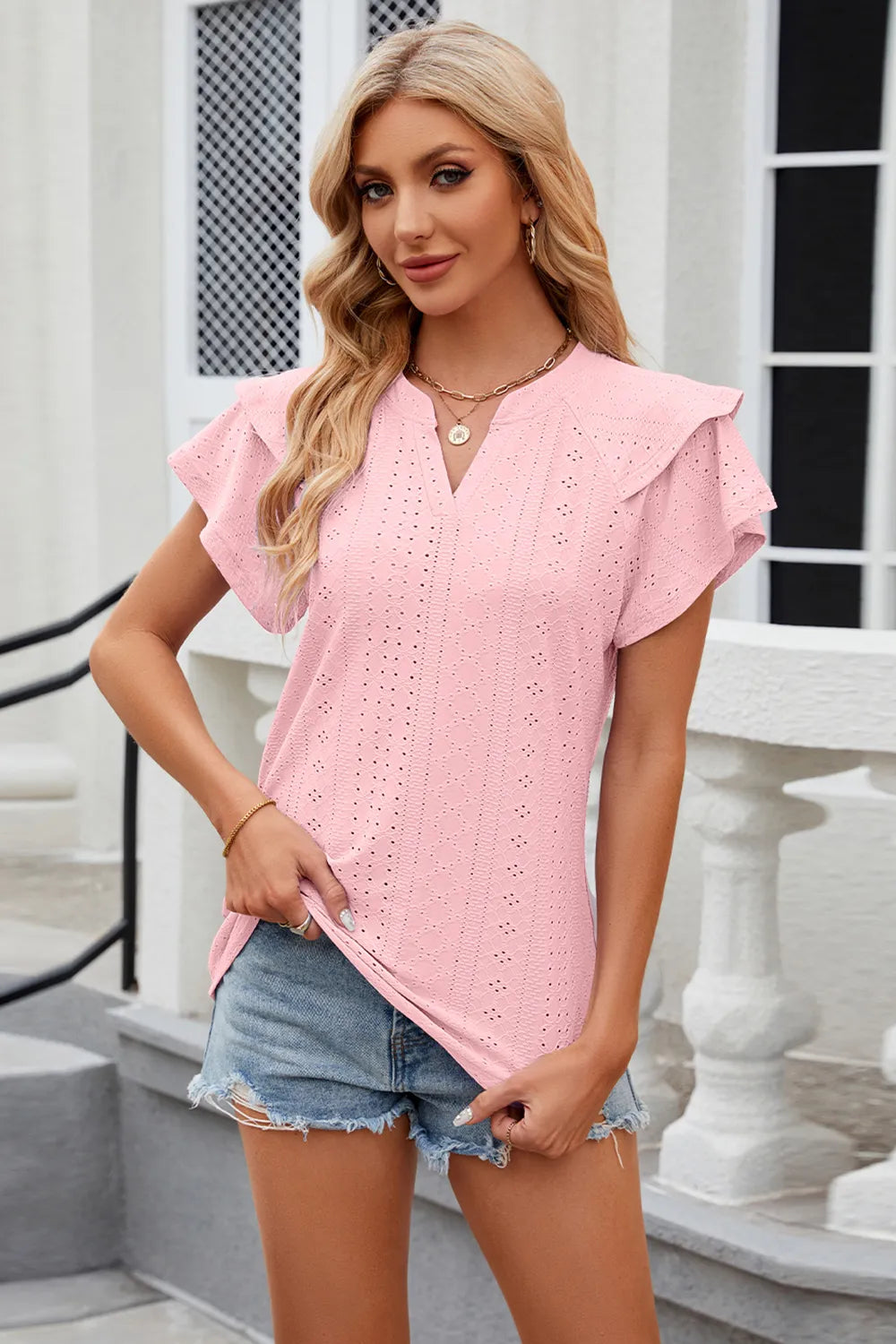 Eyelet Notched Short Sleeve T-Shirt – Trendsi | ClozArt